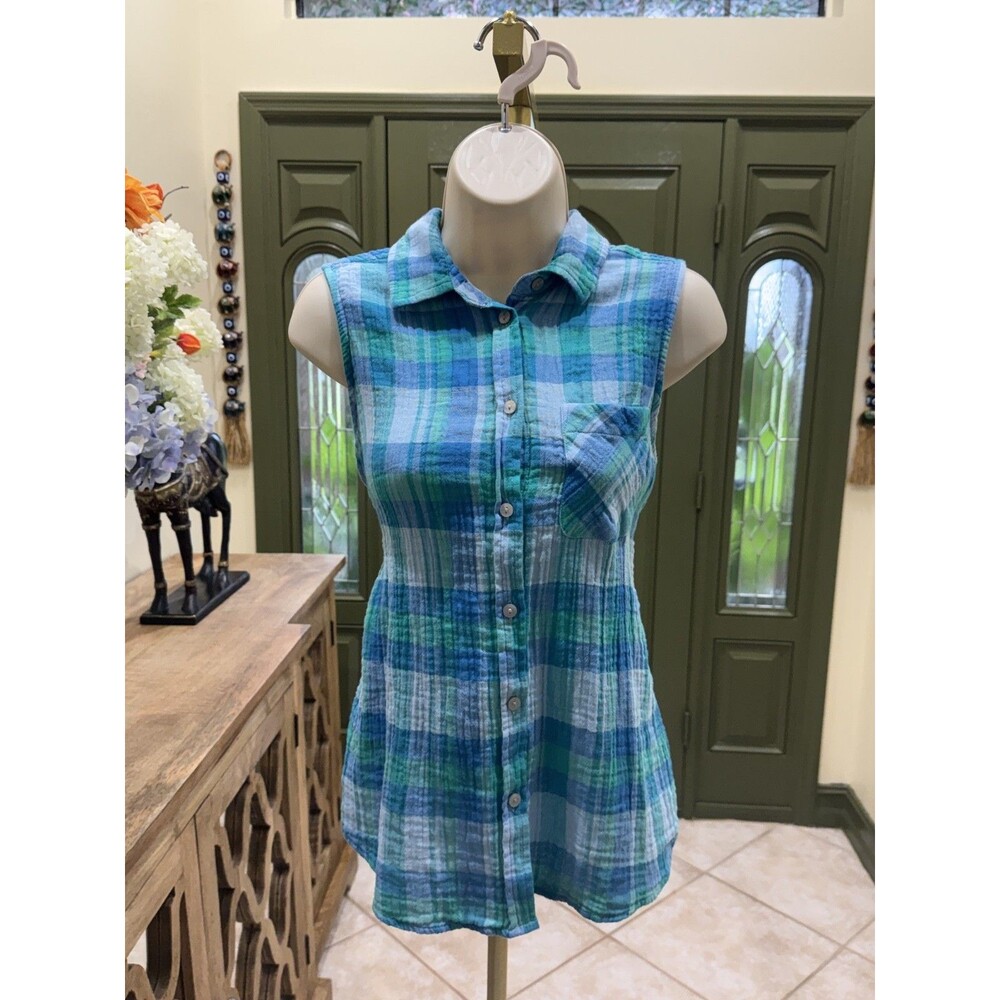 Time and Tru Blue Plaid Sleeveless Button-Down Shirt – Women's Size Small